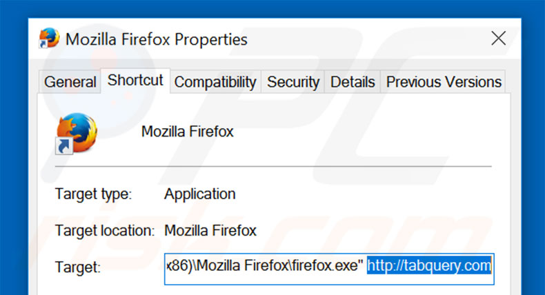 Removing tabquery.com from Mozilla Firefox shortcut target step 2