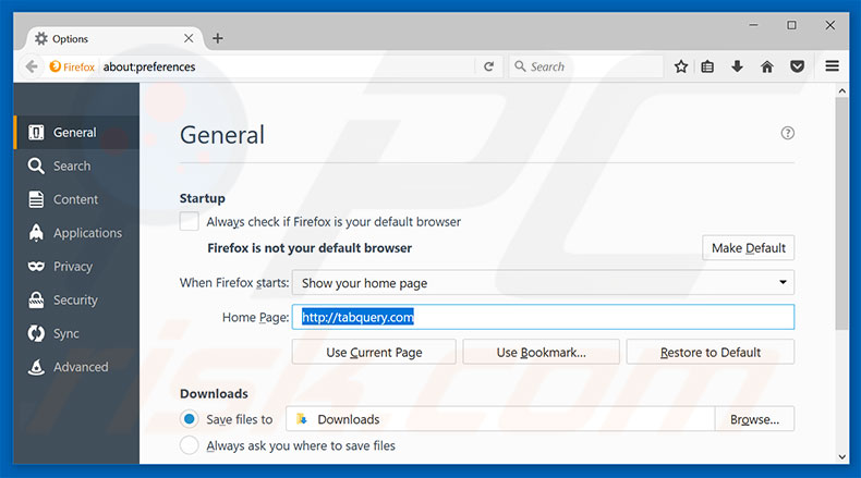 Removing tabquery.com from Mozilla Firefox homepage