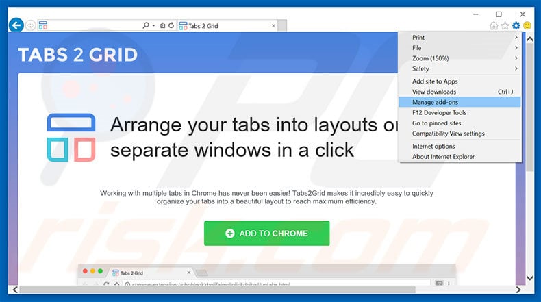 Removing Tabs2Grid ads from Internet Explorer step 1