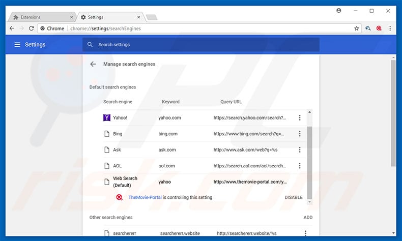 Removing themovie-portal.com from Google Chrome default search engine
