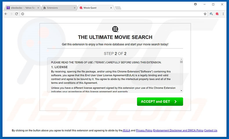 Website used to promote Movie Quest browser hijacker