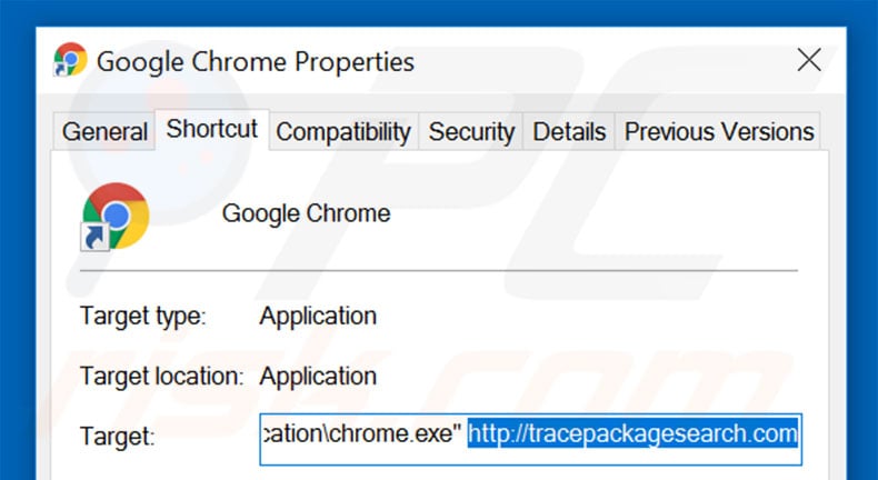 Removing tracepackagesearch.com from Google Chrome shortcut target step 2