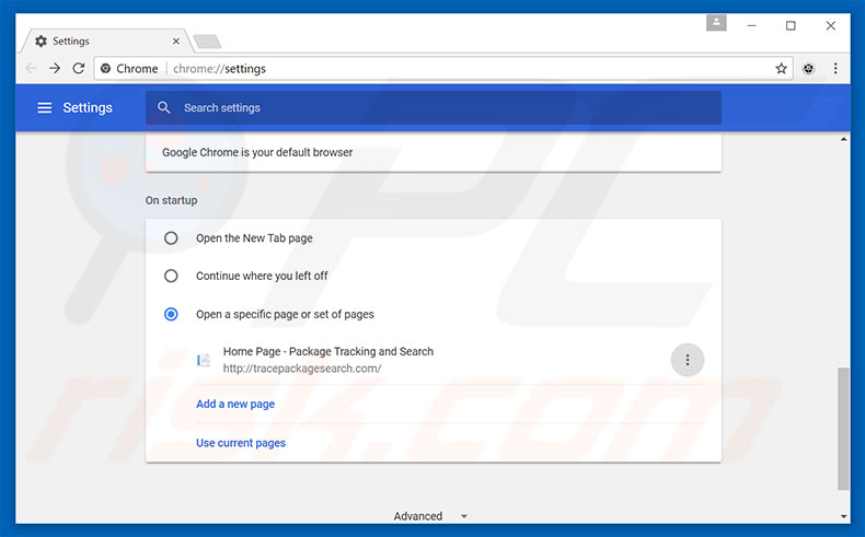 Removing tracepackagesearch.com from Google Chrome homepage
