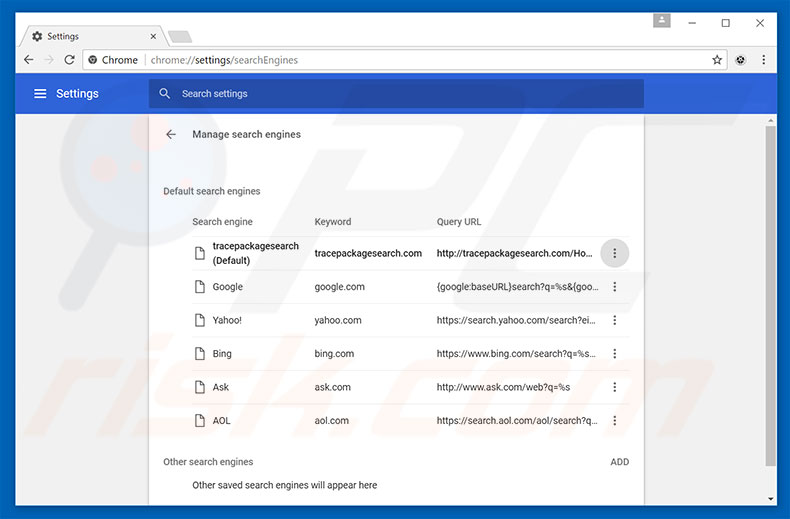 Removing tracepackagesearch.com from Google Chrome default search engine