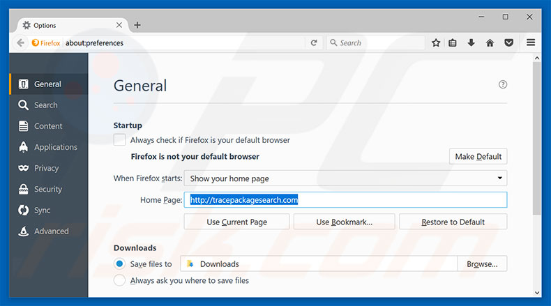 Removing tracepackagesearch.com from Mozilla Firefox homepage