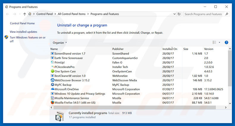 Unknown System Failure! adware uninstall via Control Panel