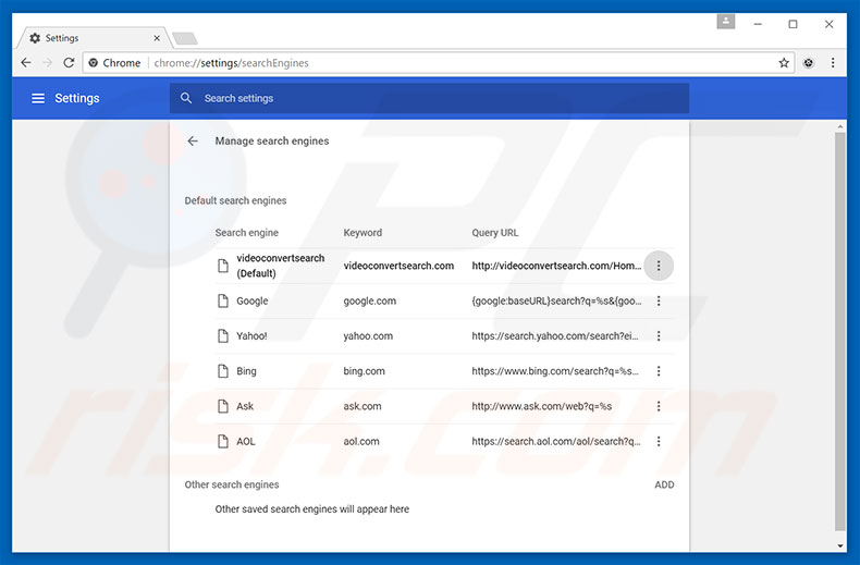 Removing videoconvertsearch.com from Google Chrome default search engine