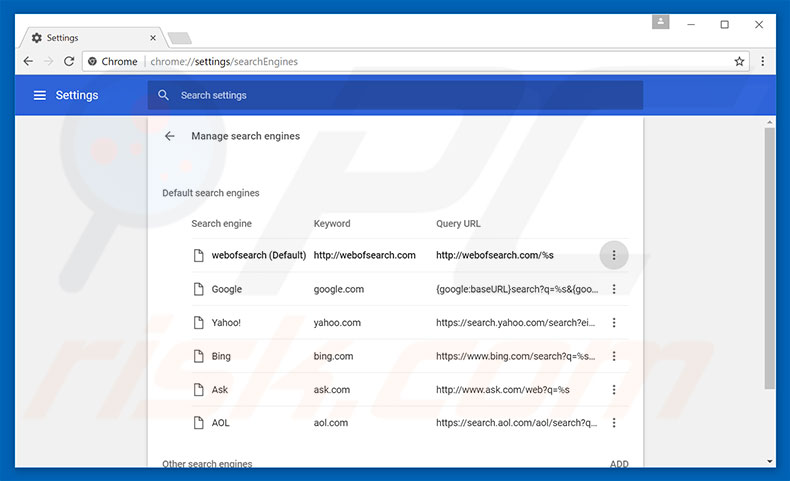 Removing webofsearch.com from Google Chrome default search engine