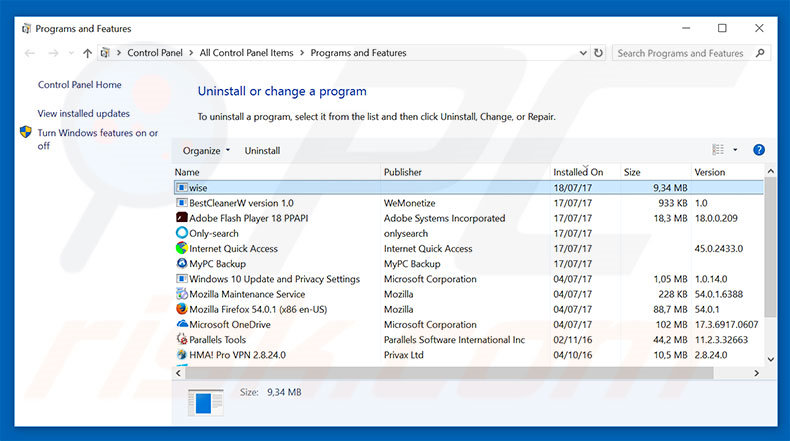 WiseSoft adware uninstall via Control Panel