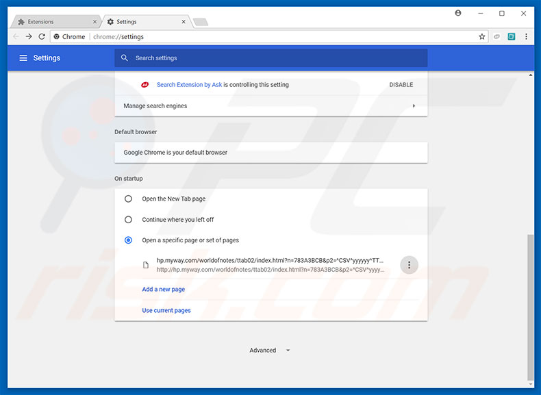 Removing hp.myway.com from Google Chrome homepage