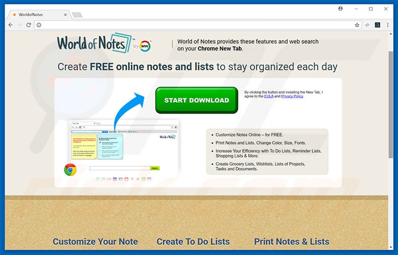 Website used to promote WorldofNotes browser hijacker