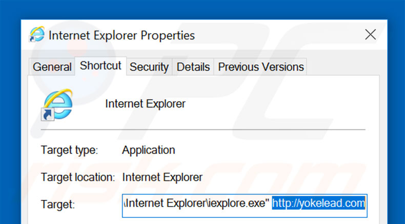 Removing yokelead.com from Internet Explorer shortcut target step 2