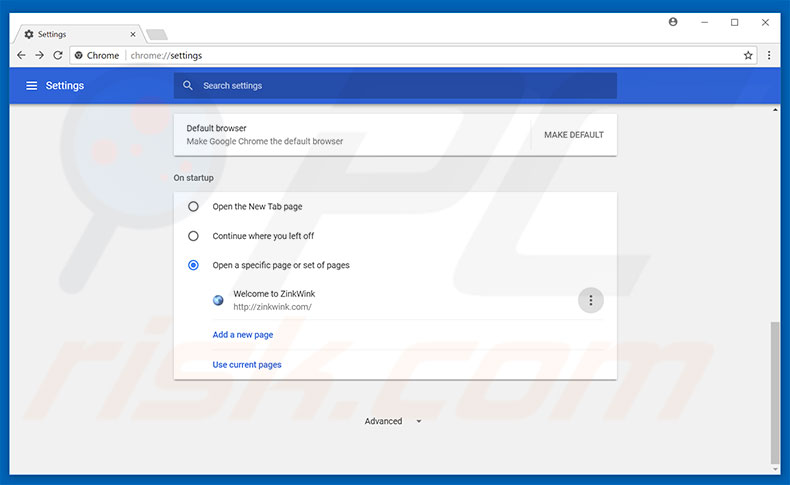 Removing zinkwink.com from Google Chrome homepage