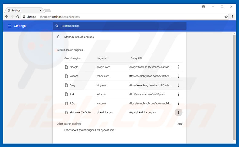 Removing zinkwink.com from Google Chrome default search engine