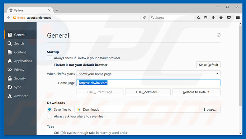 Removing zinkwink.com from Mozilla Firefox homepage