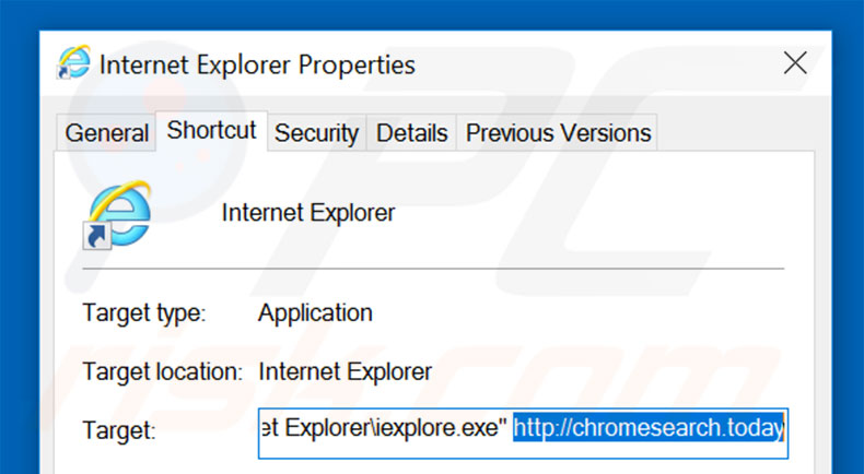 Removing chromesearch.today from Internet Explorer shortcut target step 2