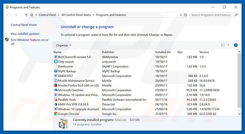 chromesearch.today browser hijacker uninstall via Control Panel