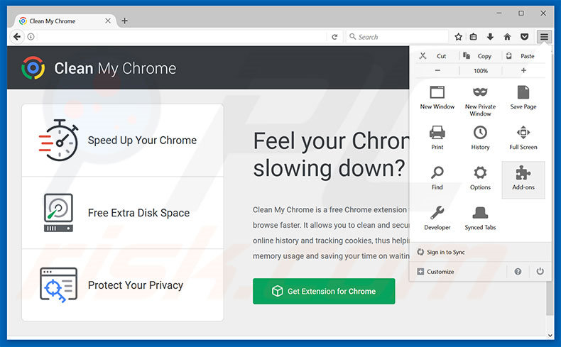 Removing Clean My Chrome ads from Mozilla Firefox step 1