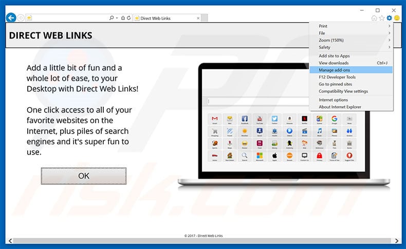 Removing Direct Web Links ads from Internet Explorer step 1