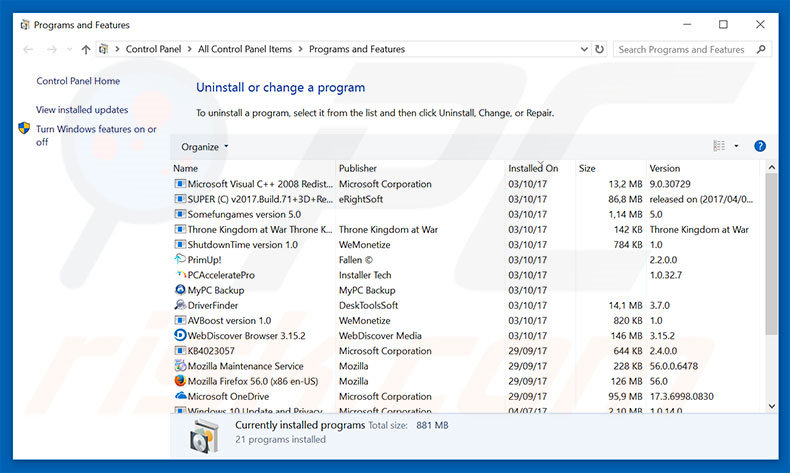 ERREUR DW6VB36 adware uninstall via Control Panel