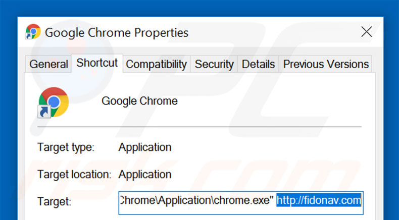 Removing fidonav.com from Google Chrome shortcut target step 2