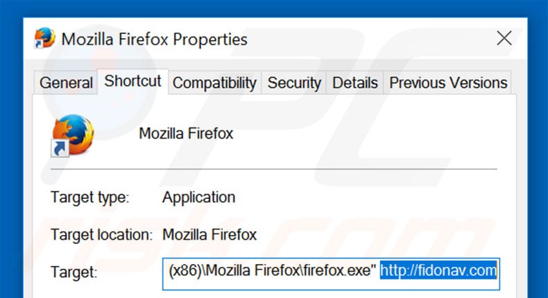 Removing fidonav.com from Mozilla Firefox shortcut target step 2