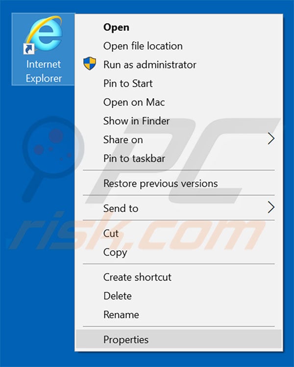 Removing fidonav.com from Internet Explorer shortcut target step 1