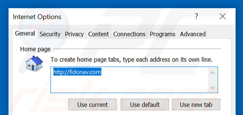 Removing fidonav.com from Internet Explorer homepage