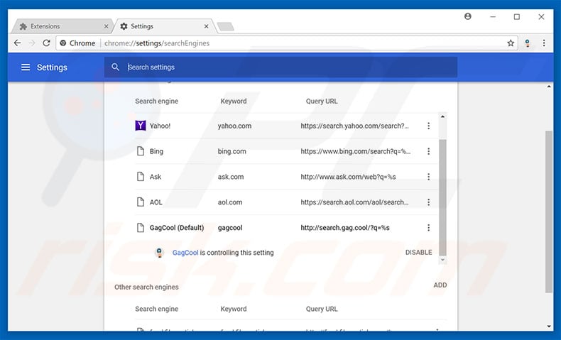 Removing search.gag.cool from Google Chrome default search engine