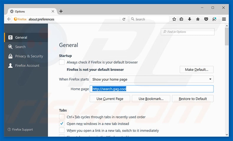 Removing search.gag.cool from Mozilla Firefox homepage