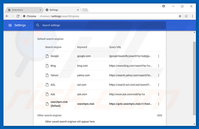 Removing goto.searchpro.club from Google Chrome default search engine