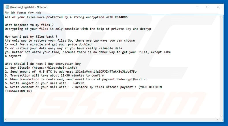 Hacked ransomware text file English variant