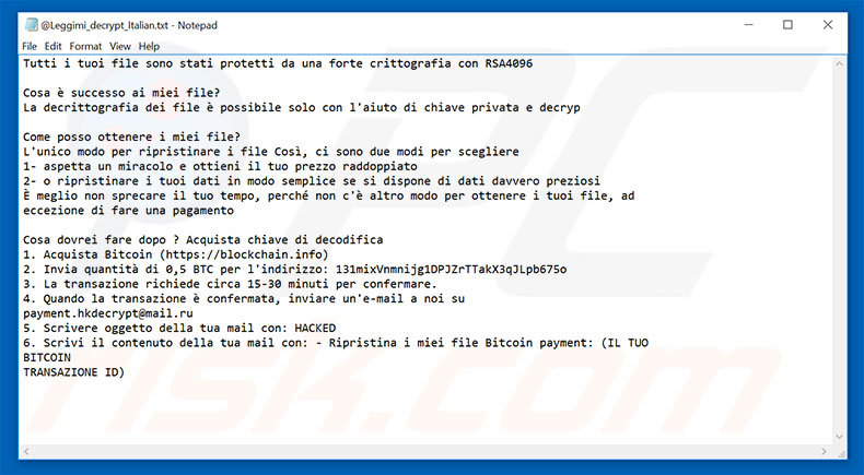 Hacked ransomware text file Italian variant