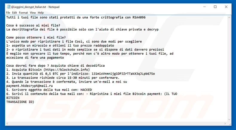 Hacked ransomware text file Italian variant