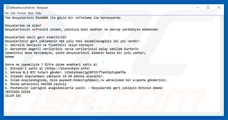 Hacked ransomware text file Turkish variant
