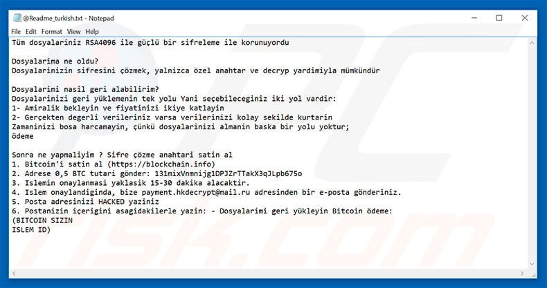 Hacked ransomware text file Turkish variant