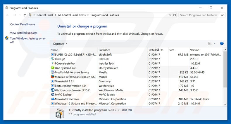 History Cleaner adware uninstall via Control Panel