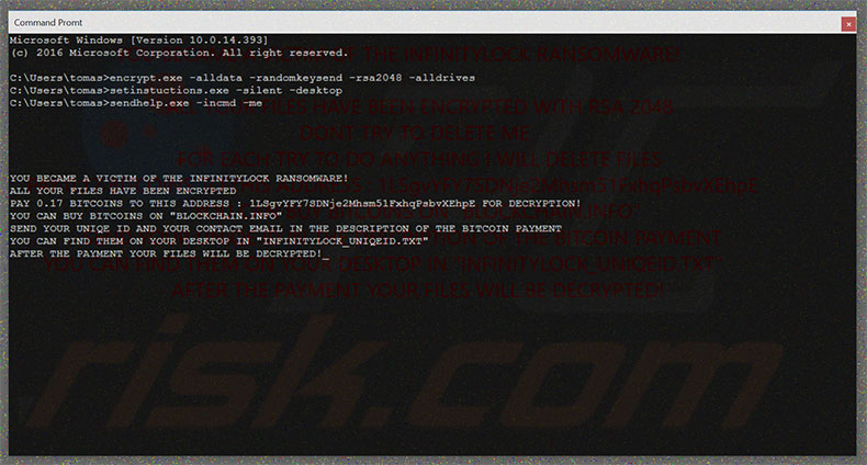 InfinityLock ransomware opens a pop-up window
