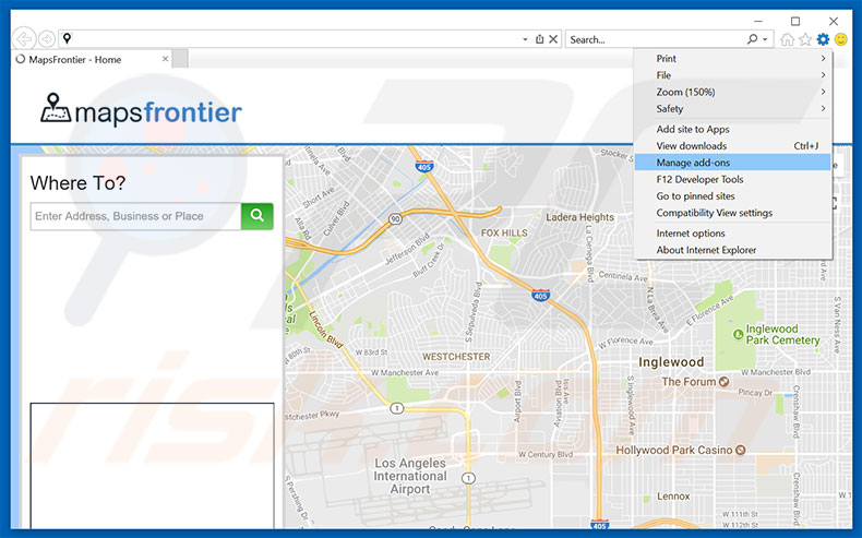 Removing MapsFrontier ads from Internet Explorer step 1