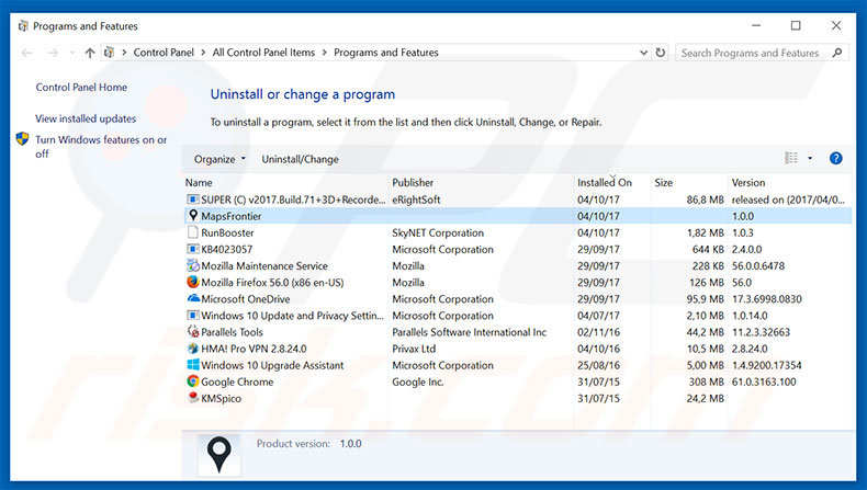 MapsFrontier adware uninstall via Control Panel