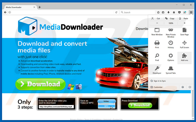 Removing MediaDownloader ads from Mozilla Firefox step 1