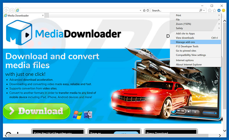 Removing MediaDownloader ads from Internet Explorer step 1