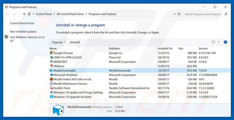 MediaDownloader adware uninstall via Control Panel