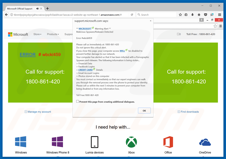 microsoft warning alert scam wbckl459 variant