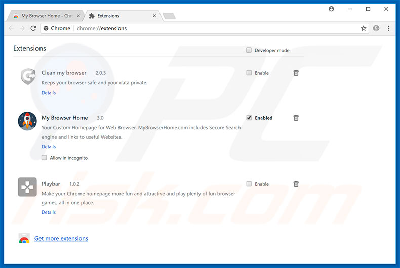 Removing mybrowserhome.com related Google Chrome extensions