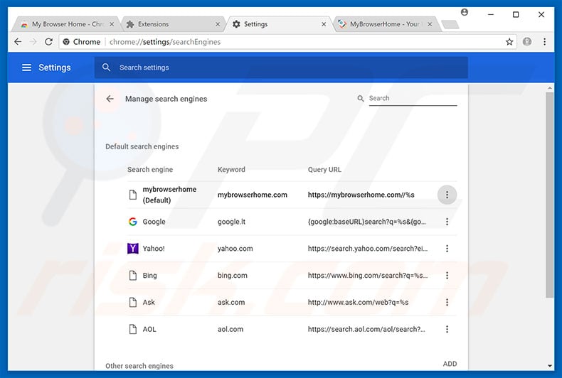 Removing mybrowserhome.com from Google Chrome default search engine