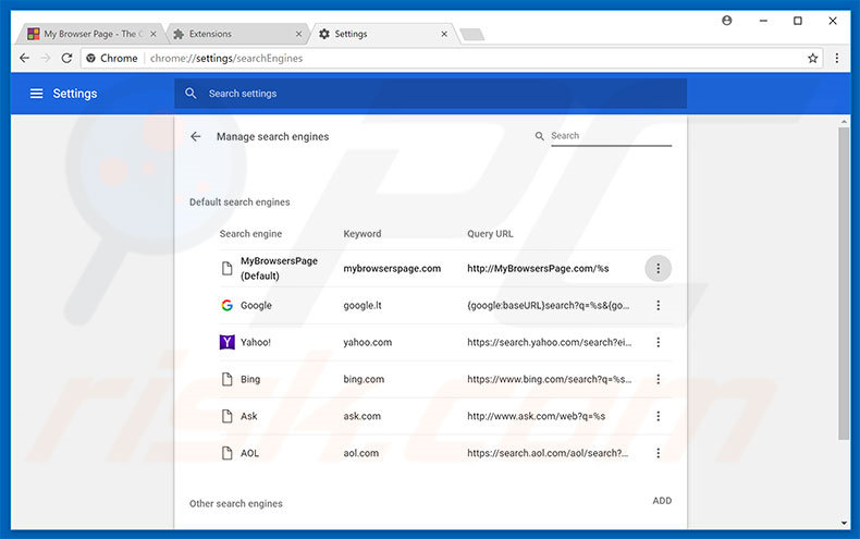 Removing mybrowserspage.com from Google Chrome default search engine