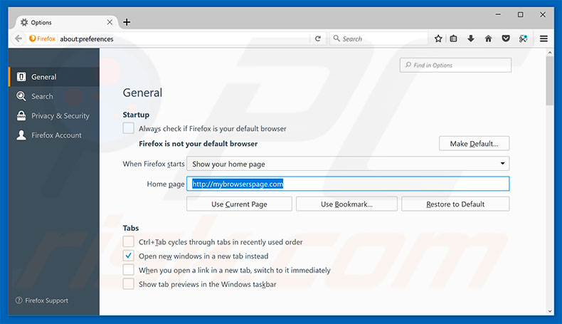 Removing mybrowserspage.com from Mozilla Firefox homepage
