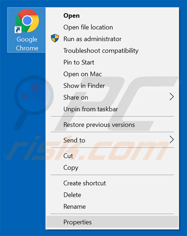 Removing myprivacyassistant.com from Google Chrome shortcut target step 1