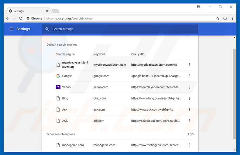 Removing myprivacyassistant.com from Google Chrome default search engine